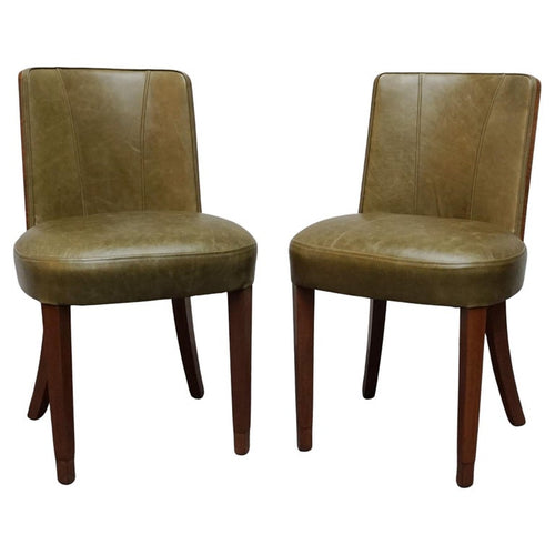 Vintage Pair of Art Deco Side Chairs in Walnut and Green Leather - Jeroen Markies Art Deco