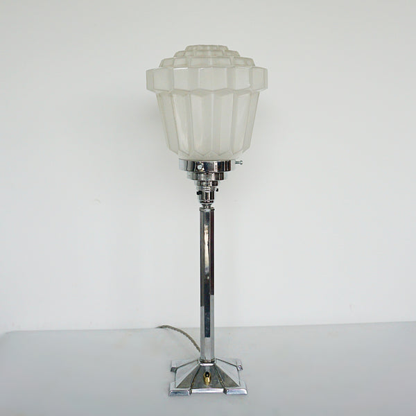 Art Deco Table Lamp with Frosted Acorn Shade and Chromed Metal Stem - Jeroen Markies Art Deco