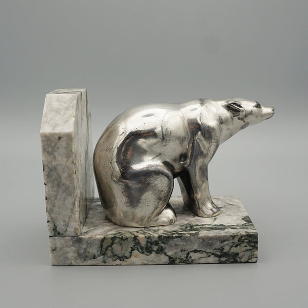 Spelter seated polar bear bookends, marble base, original 1930 - Jeroen Markies Art Deco