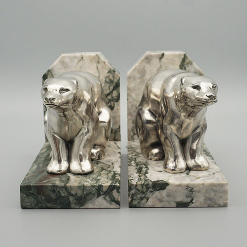 Spelter seated polar bear bookends, marble base, original 1930 - Jeroen Markies Art Deco