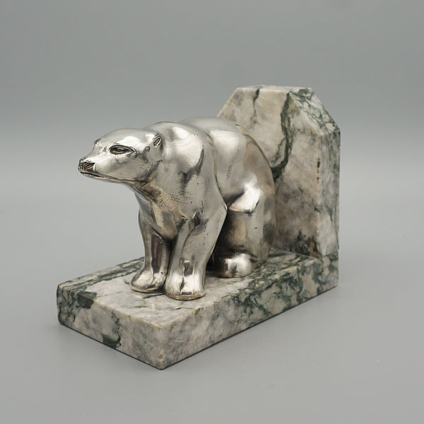 Spelter seated polar bear bookends, marble base, original 1930 - Jeroen Markies Art Deco