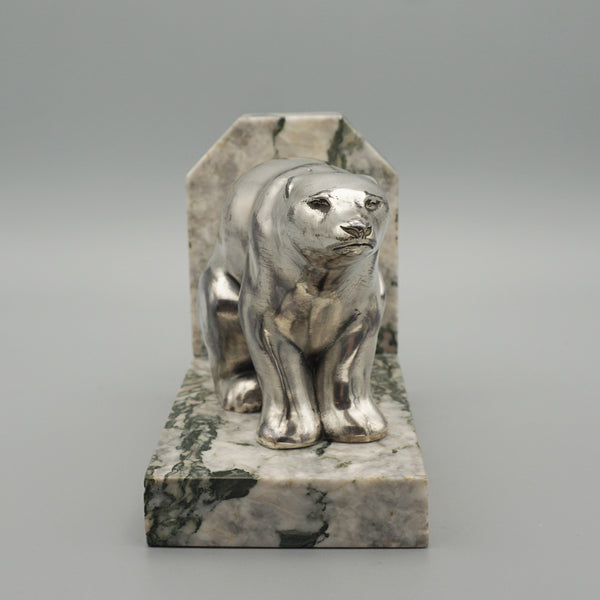 Spelter seated polar bear bookends, marble base, original 1930 - Jeroen Markies Art Deco