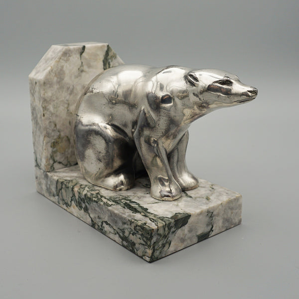 Spelter seated polar bear bookends, marble base, original 1930 - Jeroen Markies Art Deco