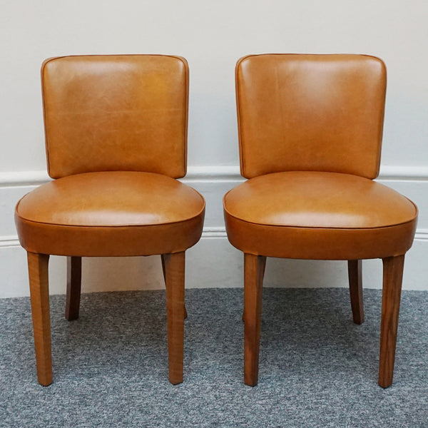 Original Art Deco Side Chairs. Tan Leather Upholstery, Burr Walnut Veneered. Vintage Chairs. 1930's - Jeroen Markies Art Deco