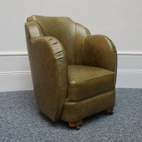 Olive Green side chair, leather 1930's cloud chair - Jeroen Markies Art Deco