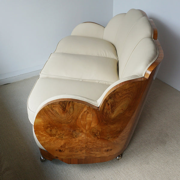 Art Deco Three Piece Cloud Suite by Harry & Lou Epstein with Wraparound Walnut Veneers and Cream Leather Upholstery - Jeroen Markies Art Deco