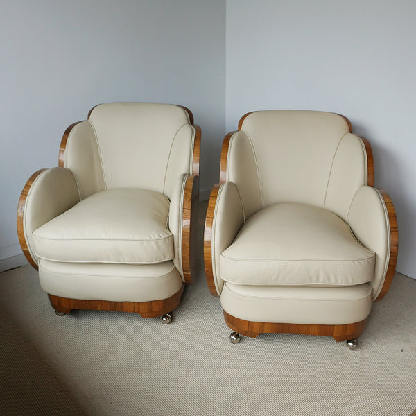 Art Deco Three Piece Cloud Suite by Harry & Lou Epstein with Wraparound Walnut Veneers and Cream Leather Upholstery - Jeroen Markies Art Deco