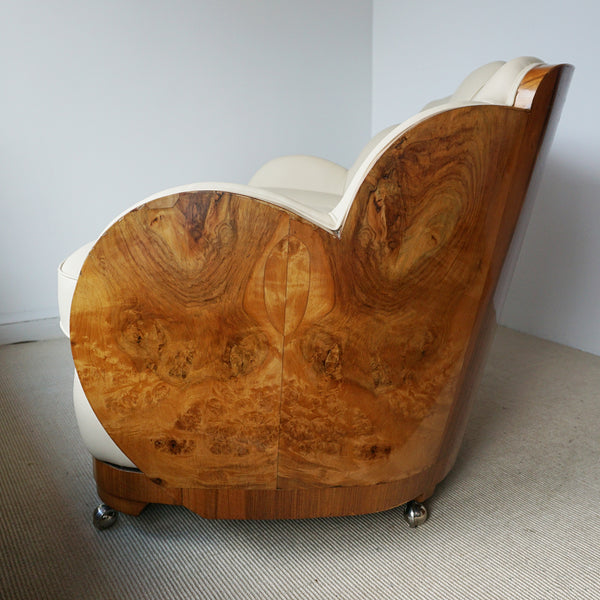 Art Deco Three Piece Cloud Suite by Harry & Lou Epstein with Wraparound Walnut Veneers and Cream Leather Upholstery - Jeroen Markies Art Deco