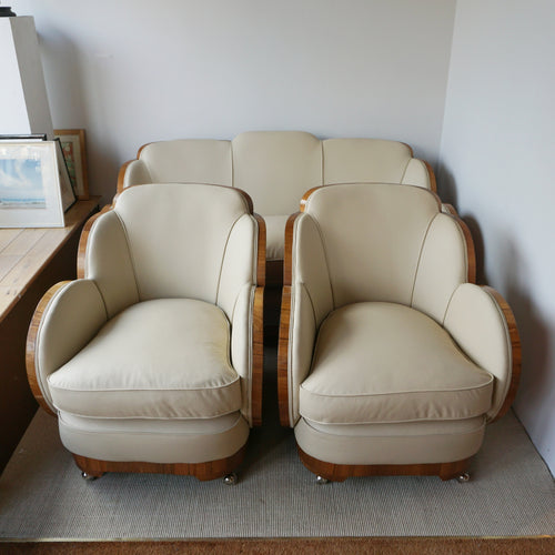 Art Deco Three Piece Cloud Suite by Harry & Lou Epstein with Wraparound Walnut Veneers and Cream Leather Upholstery - Jeroen Markies Art Deco