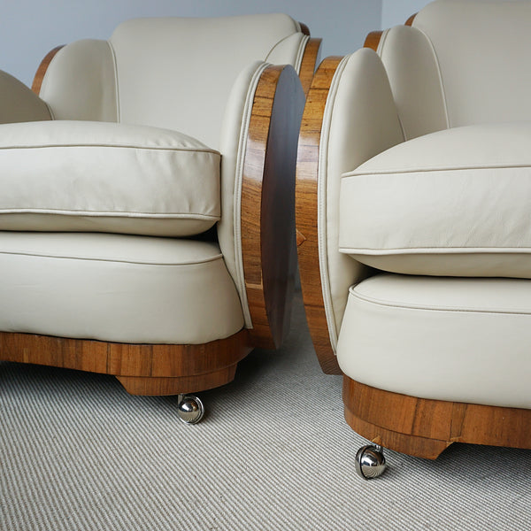 Art Deco Three Piece Cloud Suite by Harry & Lou Epstein with Wraparound Walnut Veneers and Cream Leather Upholstery - Jeroen Markies Art Deco