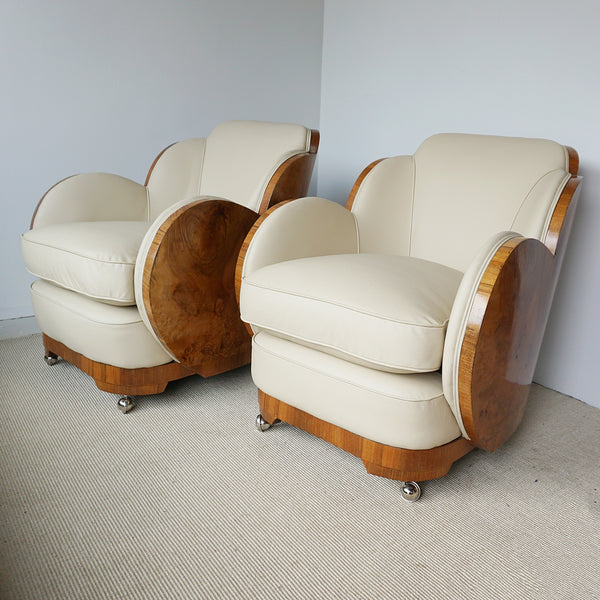 Art Deco Three Piece Cloud Suite by Harry & Lou Epstein with Wraparound Walnut Veneers and Cream Leather Upholstery - Jeroen Markies Art Deco