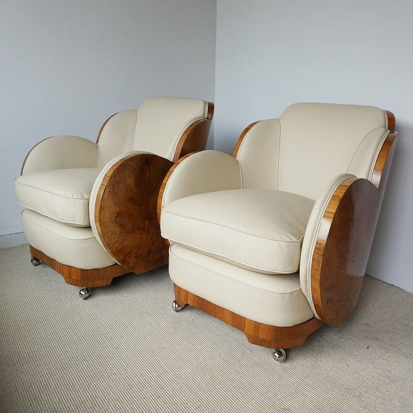 Art Deco Three Piece Cloud Suite by Harry & Lou Epstein with Wraparound Walnut Veneers and Cream Leather Upholstery - Jeroen Markies Art Deco