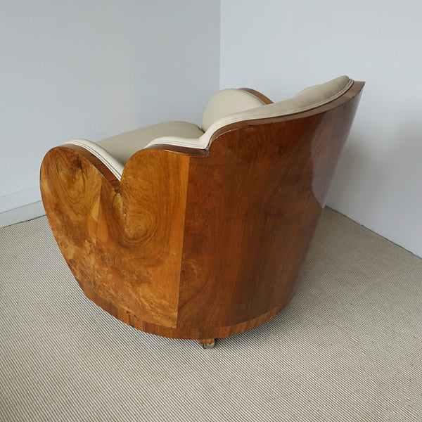 Art Deco Three Piece Cloud Suite by Harry & Lou Epstein with Wraparound Walnut Veneers and Cream Leather Upholstery - Jeroen Markies Art Deco