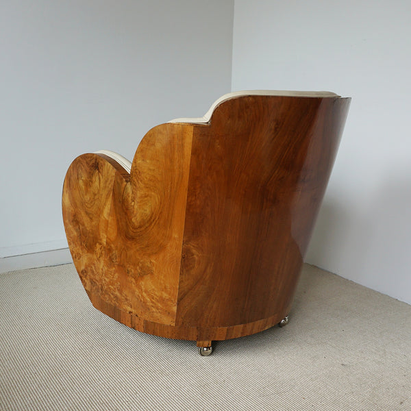 Art Deco Three Piece Cloud Suite by Harry & Lou Epstein with Wraparound Walnut Veneers and Cream Leather Upholstery - Jeroen Markies Art Deco