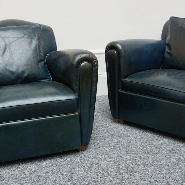 Vintage pair of French Art Deco Club Chairs with Aged Blue Leather Upholstery - Jeroen Markies Art Deco