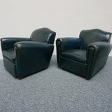 Vintage pair of French Art Deco Club Chairs with Aged Blue Leather Upholstery - Jeroen Markies Art Deco