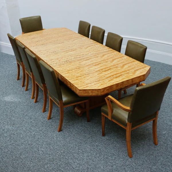 Vintage Art Deco Ten Seater Waring & Gillow Satinwood and Green Leather Dining Suite - Art Deco Dining Table and Ten Chairs - Jeroen Markies Art Deco