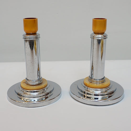 Pair of Art Deco Candlesticks. 1930's Candlestick. Chromed metal and amber bakelite - Jeroen Markies Art Deco