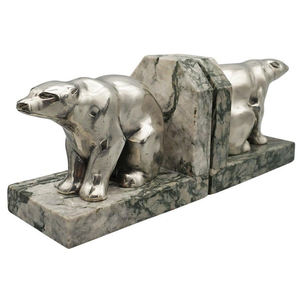 Spelter seated polar bear bookends, marble base, original 1930 - Jeroen Markies Art Deco