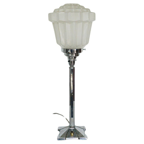 Art Deco Table Lamp with Frosted Acorn Shade and Chromed Metal Stem - Jeroen Markies Art Deco