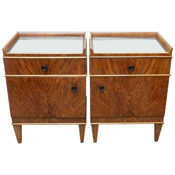 Pair of Bedside Tables. Walnut veneer with black glass - Jeroen Markies Art Deco