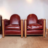 Art Deco tub chairs with fruit wood arms upholstered in chestnut leather at Jeroen Markies