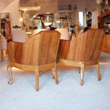 Art Deco side chairs in chestnut leather with curved walnut legs at Jeroen Markies