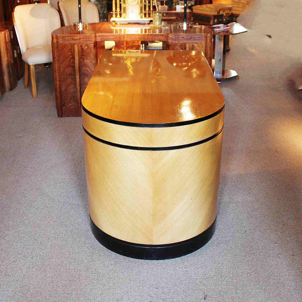Art Deco desk with curved end in satin birch with ebonised wood at Jeroen Markies 