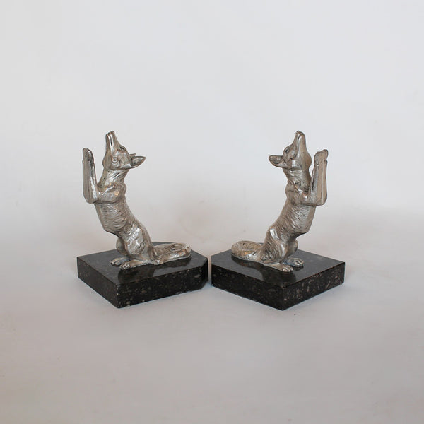 Art Deco silvered bronze fox bookends signed H Moreau