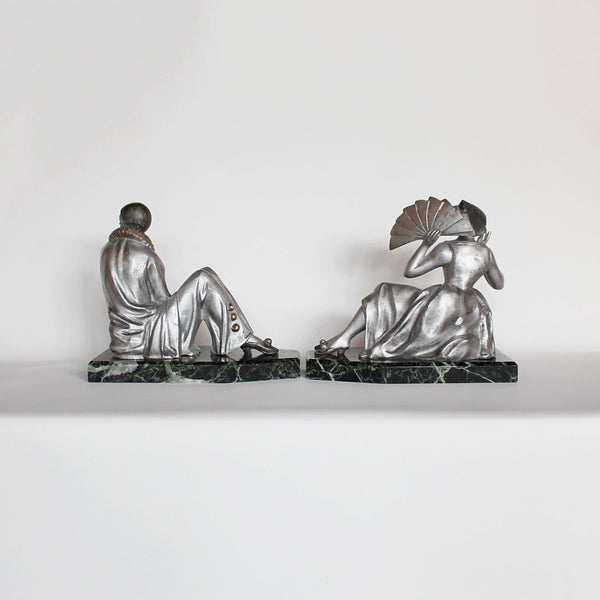 Art Deco cold painted spelter Pierrot and Columbine bookends at Jeroen Markies