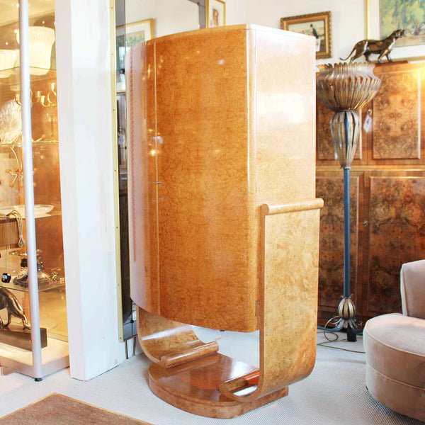 Art Deco cocktail cabinet by Harry & Lou Epstein with bow front and peach glass interior at Jeroen Markies