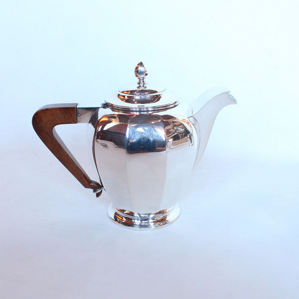 Art Deco silver and walnut tea and coffee set with sugar bowl and cream jug at Jeroen Markies