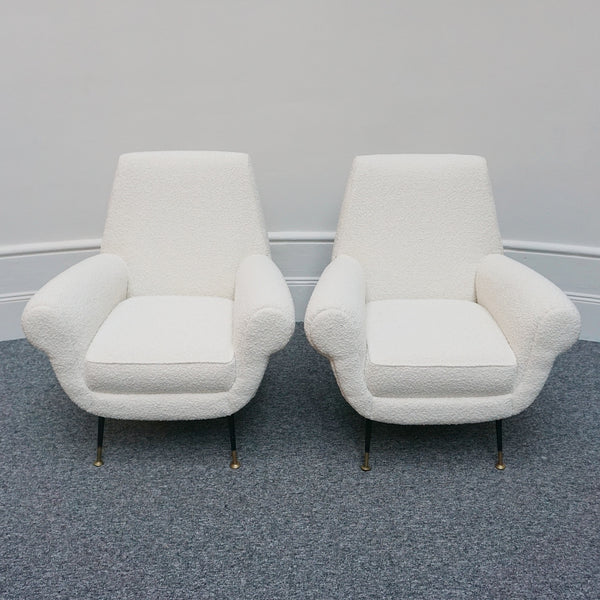 Mid-Century Modern Italian Lounge Chairs-White Boucle Upholstery-Gigi Raddice- Minotti - Jeroen Markies Art Deco