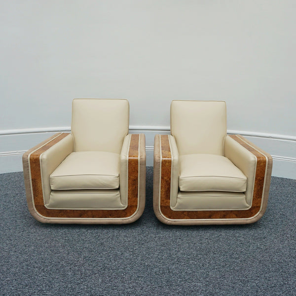 Pair Of Original Art Deco Tank Chairs With Burr Walnut And Cream Leather -  Jeroen Markies Art Deco