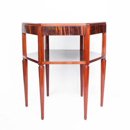 A solid, mahogany hexagonal side/centre table with macassar ebony veneer, quarter veneer to top, second tier and solid mahogany legs at Jeroen Markies