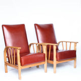 An Art Deco pair of leather reclining lounge chairs with oak, ash and beech frames. Reupholstered in old English chestnut leather at Jeroen Markies.