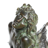 Clytie, a verdigris patinated bronze sculpture by François Louis Virieux (19th and 20thC). Depicts Clytie, the nymph infatuated with Helios, god of the sun. She eventually became a sunflower because, like the flower, she followed her unrequited love with her gaze wherever he went at Jeroen Markies.