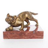 An Art Deco, gilt bronze sculpture of a cat playing with a ball of yarn. Set over a marble plinth and signed Richard to marble at Jeroen Markies