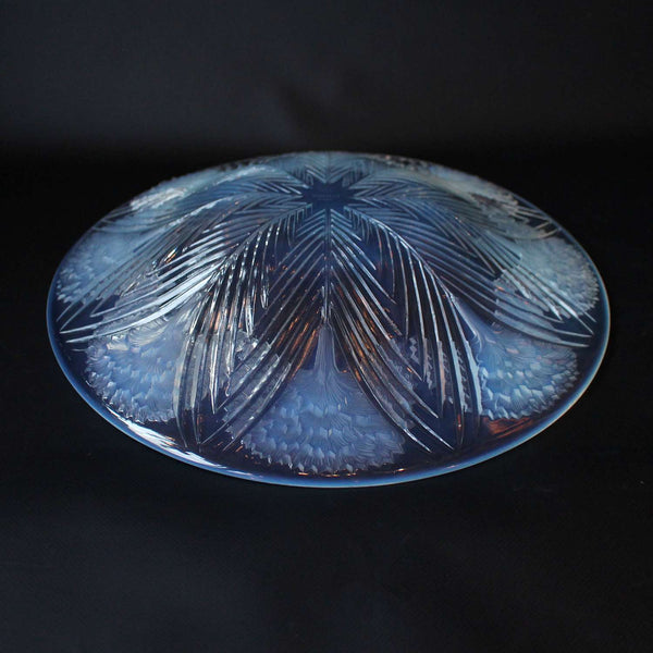 Eillets - Lalique Glass - an Art Deco coupe dish Opalescent glass covered over with raised, motif of carnations with geometrically patterned leaves.