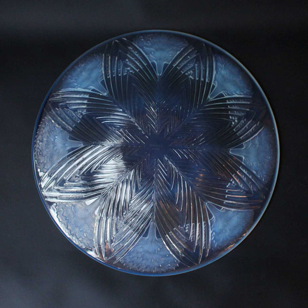 Eillets - Lalique Glass - an Art Deco coupe dish Opalescent glass covered over with raised, motif of carnations with geometrically patterned leaves.