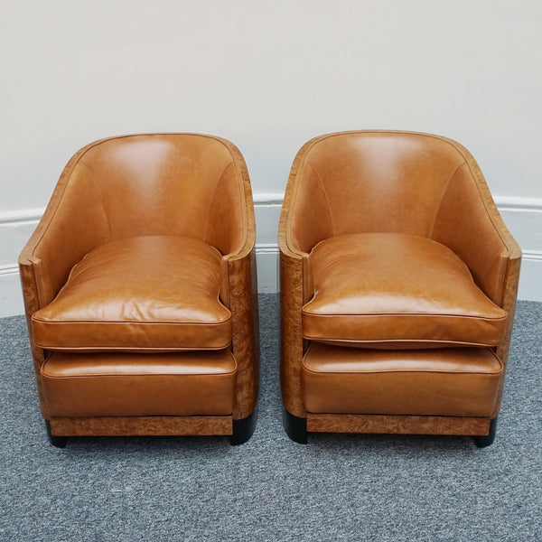 Pair of Vintage Maurice Adams Art Deco Club Lounge Chairs in Burr Walnut with Brown Leather Re-upholstery - Jeroen Markies Art Deco