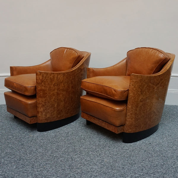 Pair of Vintage Maurice Adams Art Deco Club Lounge Chairs in Burr Walnut with Brown Leather Re-upholstery - Jeroen Markies Art Deco