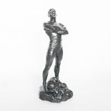 The Champion, an Art Deco, patinated bronze sculpture of an athlete posing proudly with various sports equipment, set into an integral plinth. Signed Signed P. Moreau-Vauthier at Jeroen Markies