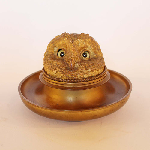 Victorian gilt owl head inkwell with integral tray