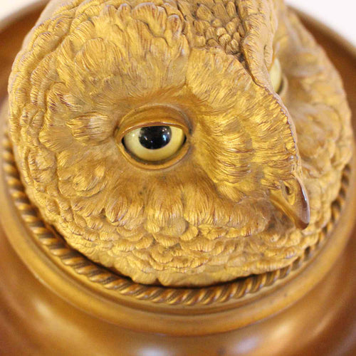 Victorian gilt owl head inkwell with integral tray
