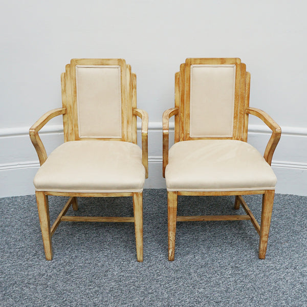 Vintage Pair of Limed Oak Armchairs Re-Upholstered in Faux Suede - Jeroen Markies Art Deco