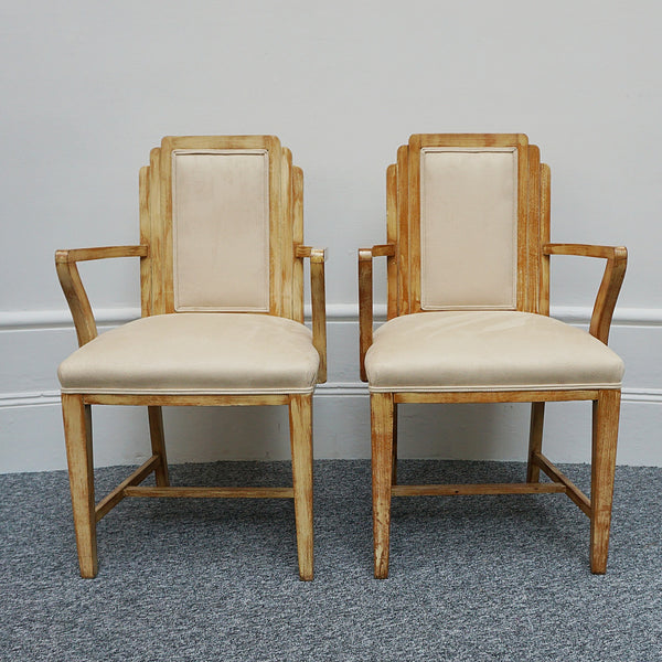 Vintage Pair of Limed Oak Armchairs Re-Upholstered in Faux Suede - Jeroen Markies Art Deco