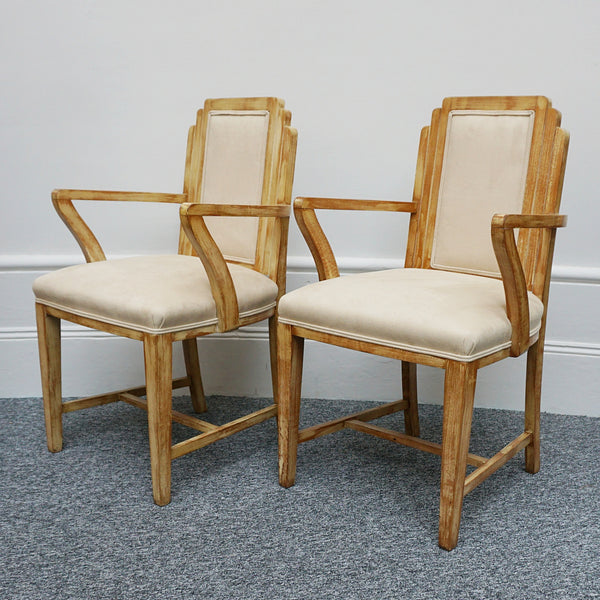 Vintage Pair of Limed Oak Armchairs Re-Upholstered in Faux Suede - Jeroen Markies Art Deco