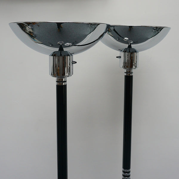 Pair of art Deco Style Black Bakelite and chromed metal uplighter floor lamps - Jeroen Markies Art Deco