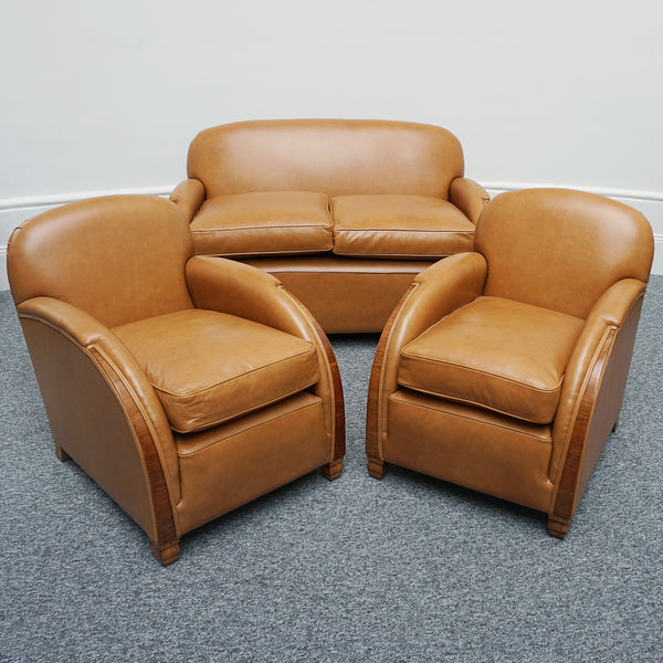 Vintage Art Deco Three Piece Lounge Suite Leather and Walnut Circa 1935 - Jeroen Markies Art Deco